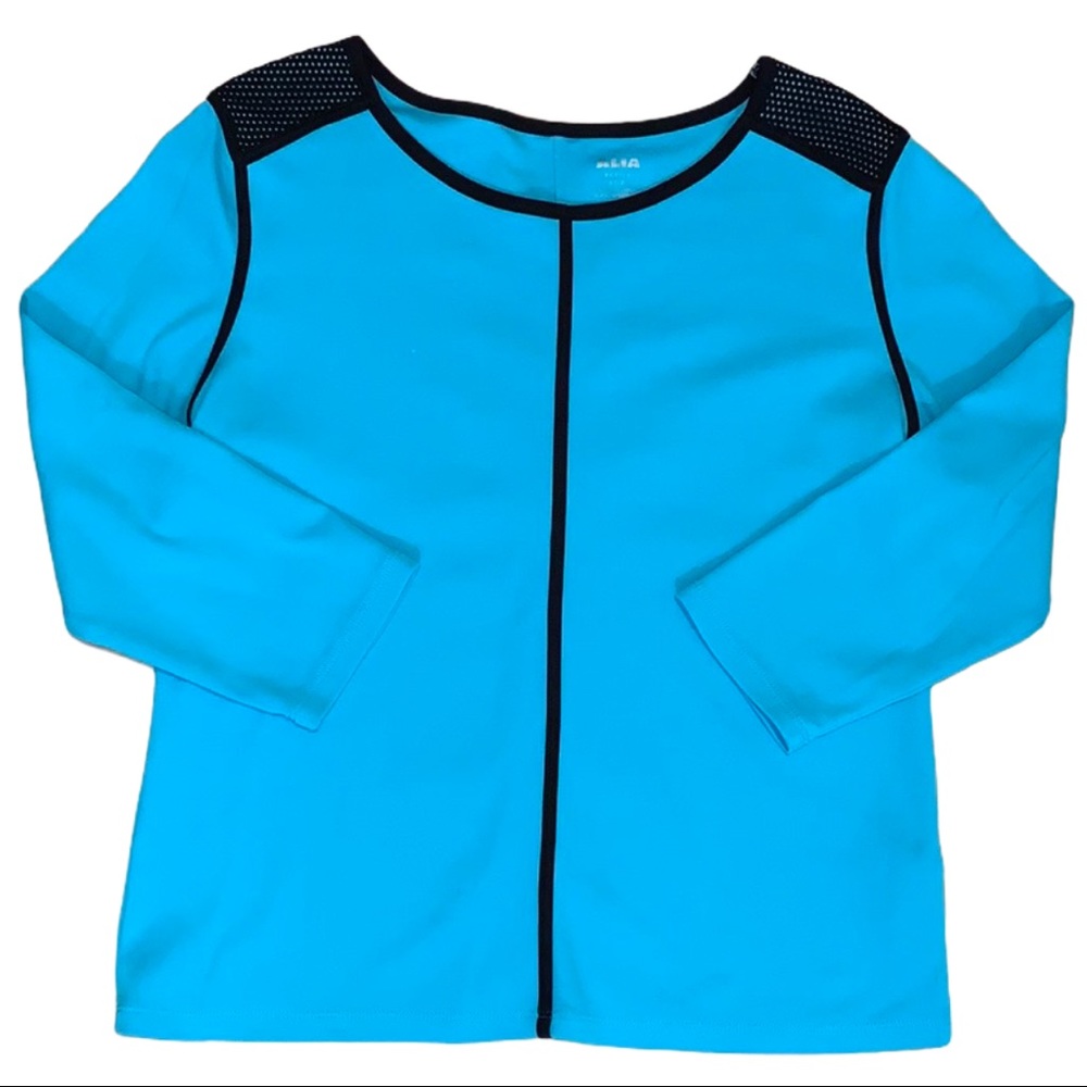 5/$25 ALIA Petite Aqua Blue Long Sleeve Scoop Neck Shirt Black Contrast Piping